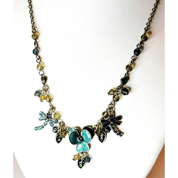 Pewter Tone Dragonfly Enamel Rhinestone Necklace Fashion Statement Jewelry CT217 - Picture 3 of 8